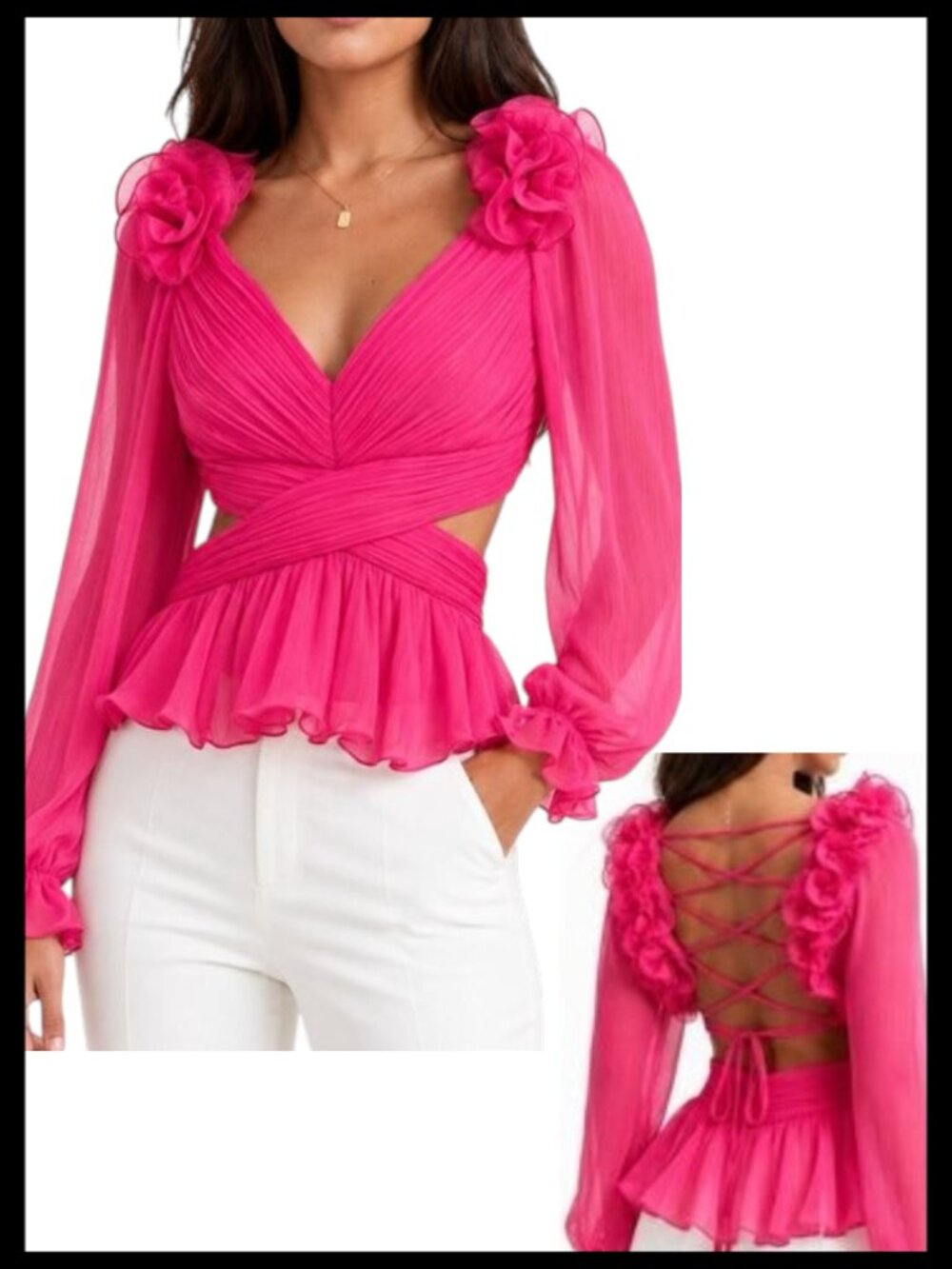 VICI Collection Chiffon Blouse Hot Pink Peplum Lace Up Back XS